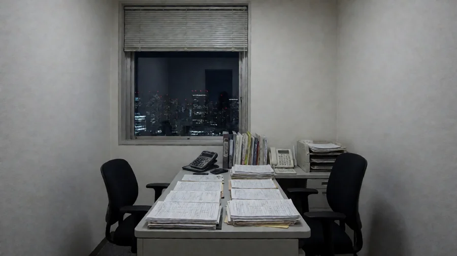天使萌个人作品作品整理配图;夜景窗前堆放文件的办公桌与空椅